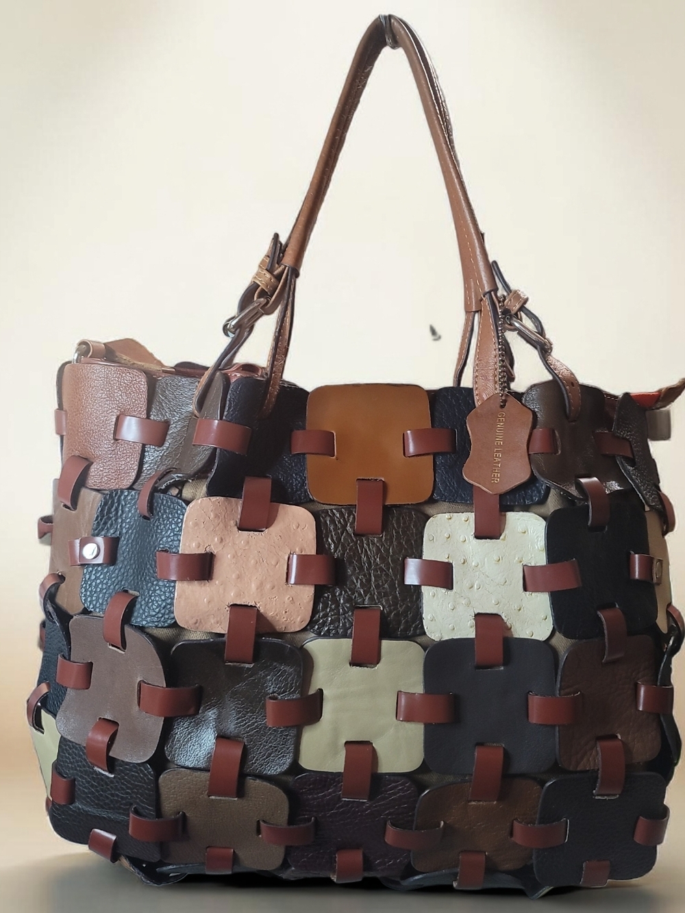 Patchwork Leather Tote Bag - Brown Multi